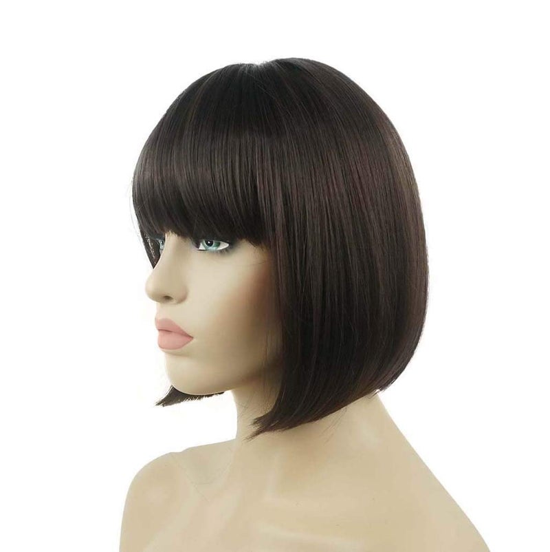 Lydell 8" Straight Short Bob Hair Flat Bangs Cute Central Dot Skin Top Heat Resistant Synthetic Wigs (6 Chestnut Brown) - Image 3